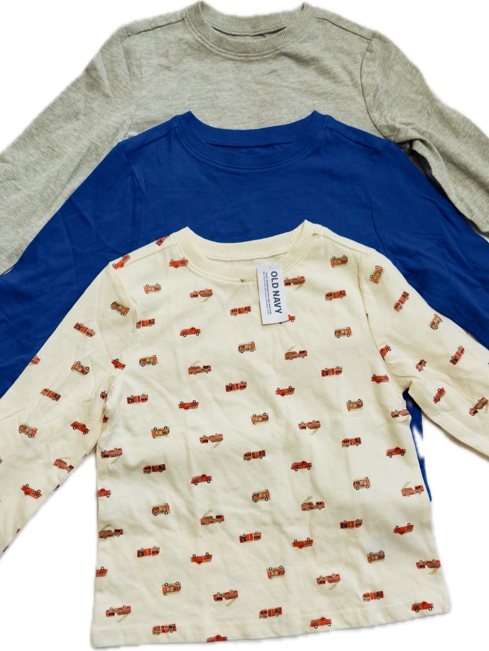 Old Navy Kids Long-Sleeve Tee Set — Cream Car Print, Royal Blue & Heather Gray